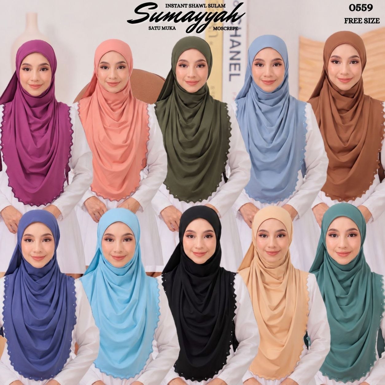 INSTANT SHAWL SULAM SUMAYYAH SATU MUKA MOSSCREPE PLAIN 0559